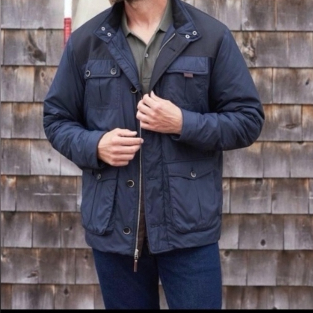 Untuckit Jacket Men's XL Navy Blue Rodier Cargo Coat 100% Nylon Quilted Lining
